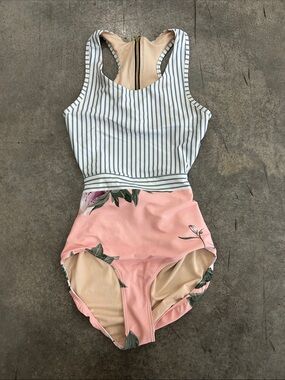 Albion Striped Blue & Pink Floral One-Piece Swimsuit